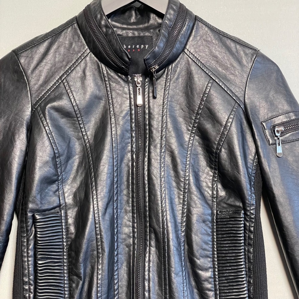 Therapy by Lane Crawford Black Faux Leather Moto Jacket Women's PS Edgy Baddie - Picture 3 of 7